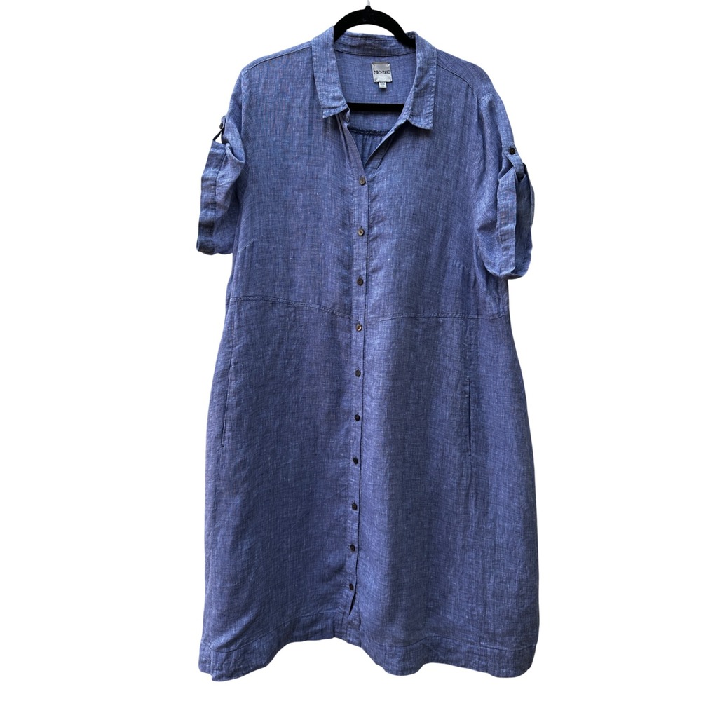 Nic+Zoe Blue Linen Button Front Roll Tab Midi Shirt Dress Pockets 1X Lagenlook